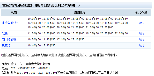 重庆永川越界电影院4月8号有哪些电影上映时间