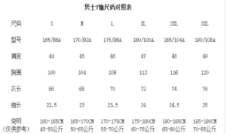 男士t恤尺码对照表