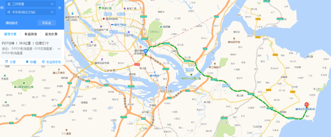 福州三环往长乐机场路线地图