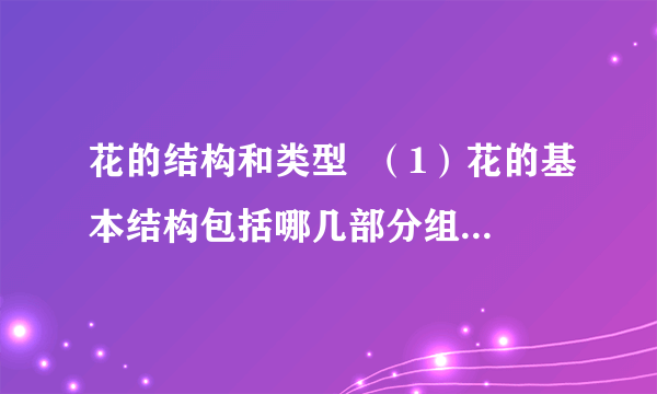 花的结构和类型  （1）花的基本结构包括哪几部分组成？画一朵完全花，并试着标出各部分的名称．  （2）一朵花中最重要的结构是  雌蕊   雌蕊 和  雄蕊   雄蕊 ．因为它们与  果实与种子的形成   果实与种子的形成 有直接关系．  （3）花的类型：从花蕊的情况看，花可分为  两性花   两性花 和  单性花   单性花 ．从花的着生位置看，花可分为  单生花   单生花 和  花序   花序 ．